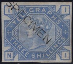 144085 1877 3s TELEGRAPH IMPERF COLOUR TRIAL ULTRAMARINE 'SPECIMEN' TYPE 8. (L229).