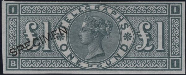 144087 1877 £1 TELEGRAPH IMPERF COLOUR TRIAL GREY-GREEN 'SPECIMEN' TYPE 8 (L236).