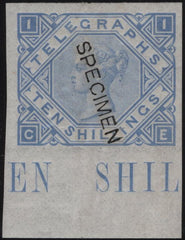144088 1877 10s TELEGRAPH IMPERF COLOUR TRIAL PALE ULTRAMARINE 'SPECIMEN' TYPE 8 (L235).