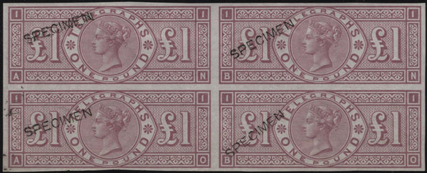 144089 1877 £1 TELEGRAPH IMPERF BLOCK OF FOUR COLOUR TRIAL BROWN-LILAC 'SPECIMEN' TYPE 8 (L236).