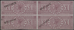144089 1877 £1 TELEGRAPH IMPERF BLOCK OF FOUR COLOUR TRIAL BROWN-LILAC 'SPECIMEN' TYPE 8 (L236).