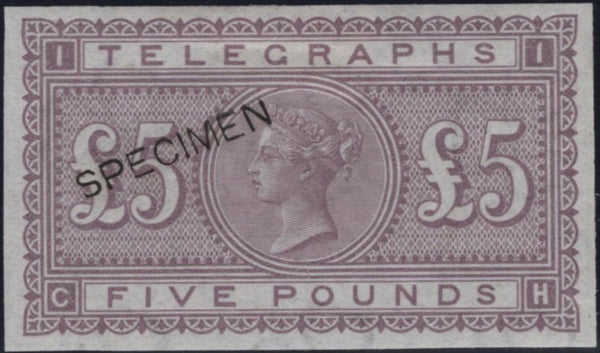144090 1877 £5 TELEGRAPH IMPERF COLOUR TRIAL DULL MAUVE 'SPECIMEN' TYPE 8 (L237).