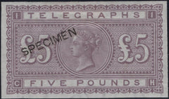 144090 1877 £5 TELEGRAPH IMPERF COLOUR TRIAL DULL MAUVE 'SPECIMEN' TYPE 8 (L237).