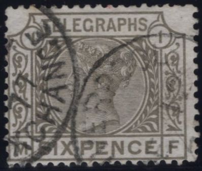 144094 1877 6d TELEGRAPH GREY PL.1 (T6/L212) GOOD USED.
