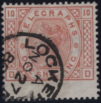 144095 1880 1s TELEGRAPH BROWN-ORANGE PL.10 WMK SPRAY (T9/L225)  FINE USED.