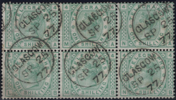 144098 1877 1s TELEGRAPH GREEN PL.4 (T8/L218) FINE USED BLOCK OF SIX.