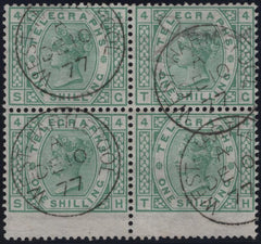 144099 1877 1s TELEGRAPH GREEN PL.4 (T8/L218) VERY FINE USED BLOCK OF FOUR.