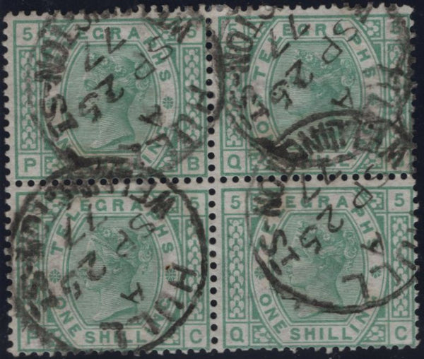 144101 1877 1s TELEGRAPH GREEN PL.5 (T8/L219) GOOD USED BLOCK OF FOUR.