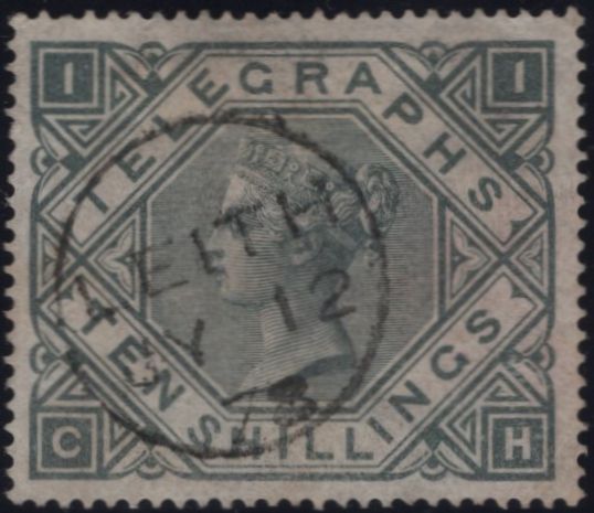 144107 1877 10s TELEGRAPH GREY-GREEN (T16/L235) GOOD USED.