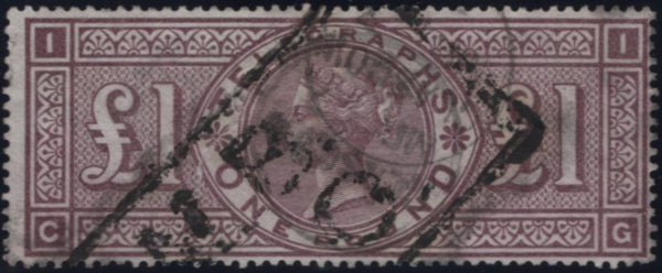 144108 1877 £1 TELEGRAPH BROWN-LILAC (T17/L236) GOOD USED.
