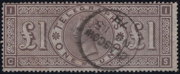 144109 1877 £1 TELEGRAPH BROWN-LILAC (T17/L236) GOOD TO FINE USED.