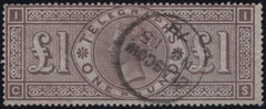 144109 1877 £1 TELEGRAPH BROWN-LILAC (T17/L236) GOOD TO FINE USED.