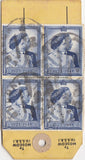 144123 CIRCA 1950 PARCEL TAG, NO ADDRESS ALTHOUGH 'TO MOSCOW (U.S.S.R.) IMPRINT KGVI HIGH VALUES INCL. £1 ROYAL SILVER WEDDING (SG494) BLOCK OF FOUR.