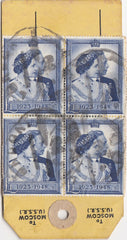 144123 CIRCA 1950 PARCEL TAG, NO ADDRESS ALTHOUGH 'TO MOSCOW (U.S.S.R.) IMPRINT KGVI HIGH VALUES INCL. £1 ROYAL SILVER WEDDING (SG494) BLOCK OF FOUR.