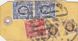 144123 CIRCA 1950 PARCEL TAG, NO ADDRESS ALTHOUGH 'TO MOSCOW (U.S.S.R.) IMPRINT KGVI HIGH VALUES INCL. £1 ROYAL SILVER WEDDING (SG494) BLOCK OF FOUR.
