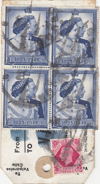 144124 CIRCA 1950 PARCEL TAG, NO ADDRESS ALTHOUGH 'TO VALPARAISO CHILE' IMPRINT KGVI HIGH VALUES INCL £1 ROYAL SILVER WEDDING (SG494) x 4.
