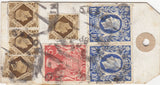144124 CIRCA 1950 PARCEL TAG, NO ADDRESS ALTHOUGH 'TO VALPARAISO CHILE' IMPRINT KGVI HIGH VALUES INCL £1 ROYAL SILVER WEDDING (SG494) x 4.