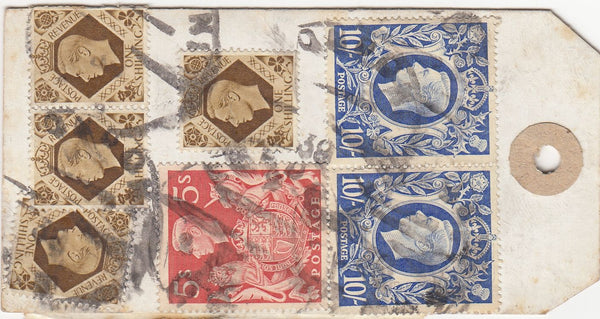 144124 CIRCA 1950 PARCEL TAG, NO ADDRESS ALTHOUGH 'TO VALPARAISO CHILE' IMPRINT KGVI HIGH VALUES INCL £1 ROYAL SILVER WEDDING (SG494) x 4.