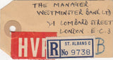 144125 CIRCA 1952 HVP LABEL REGISTERED MAIL ST. ALBANS TO WESTMINSTER BANK LONDON KGVI 3d, 5s (SG510) and 10s (SG511).