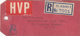144126 1952 HVP LABEL REGISTERED MAIL ST. ALBANS TO WESTMINSTER BANK LONDON KGVI 8d, 1s AND 10s ULTRAMARINE (SG511).