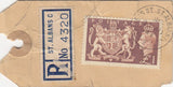 144127 1953 PARCEL TAG REGISTERED BANKING MAIL ST. ALBANS TO WESTMINSTER BANK LTD, LONDON KGVI £1 BROWN (SG512).