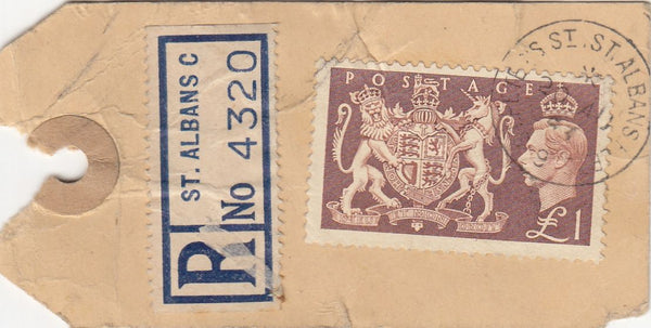 144127 1953 PARCEL TAG REGISTERED BANKING MAIL ST. ALBANS TO WESTMINSTER BANK LTD, LONDON KGVI £1 BROWN (SG512).