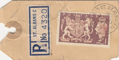 144127 1953 PARCEL TAG REGISTERED BANKING MAIL ST. ALBANS TO WESTMINSTER BANK LTD, LONDON KGVI £1 BROWN (SG512).