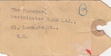 144127 1953 PARCEL TAG REGISTERED BANKING MAIL ST. ALBANS TO WESTMINSTER BANK LTD, LONDON KGVI £1 BROWN (SG512).