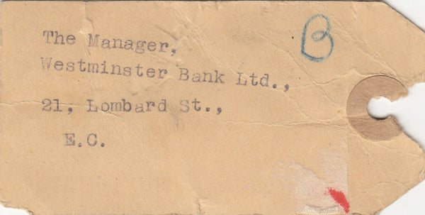 144127 1953 PARCEL TAG REGISTERED BANKING MAIL ST. ALBANS TO WESTMINSTER BANK LTD, LONDON KGVI £1 BROWN (SG512).