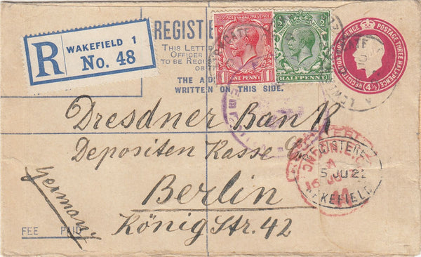 144131 1922 REGISTERED MAIL WAKEFIELD TO BERLIN.
