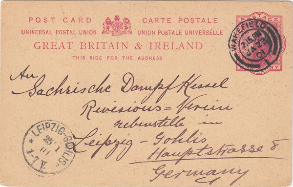 144132 1901 UPU 1d CARMINE POSTCARD WAKEFIELD TO GERMANY.