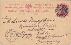 144132 1901 UPU 1d CARMINE POSTCARD WAKEFIELD TO GERMANY.