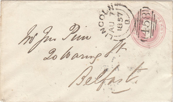 144133 1857 PENNY PINK ENVELOPES (2) FROM LINCOLN WITH 'LINCOLN/458' SIDEWAYS DUPLEX TYPES II AND VIII.