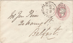 144133 1857 PENNY PINK ENVELOPES (2) FROM LINCOLN WITH 'LINCOLN/458' SIDEWAYS DUPLEX TYPES II AND VIII.