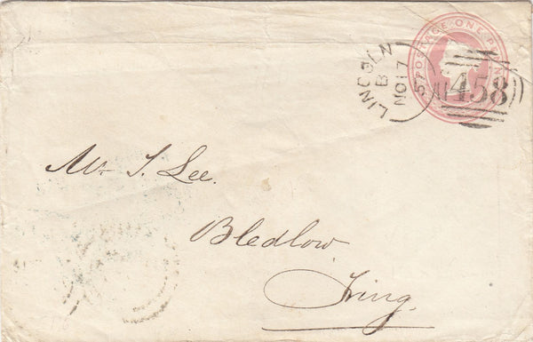 144133 1857 PENNY PINK ENVELOPES (2) FROM LINCOLN WITH 'LINCOLN/458' SIDEWAYS DUPLEX TYPES II AND VIII.