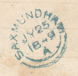 144135 1849 1d MULREADY WRAPPER WOODBRIDGE, SUFFOLK TO SAXMUNDHAM CANCELLED 'WOODBRIDGE' DATE STAMPS IN BLUE, WITHIN UNIQUE 'JOHN DALLENGER' MULREADY ADVERT (SPEC 425b).
