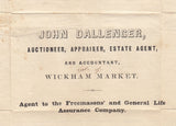 144135 1849 1d MULREADY WRAPPER WOODBRIDGE, SUFFOLK TO SAXMUNDHAM CANCELLED 'WOODBRIDGE' DATE STAMPS IN BLUE, WITHIN UNIQUE 'JOHN DALLENGER' MULREADY ADVERT (SPEC 425b).