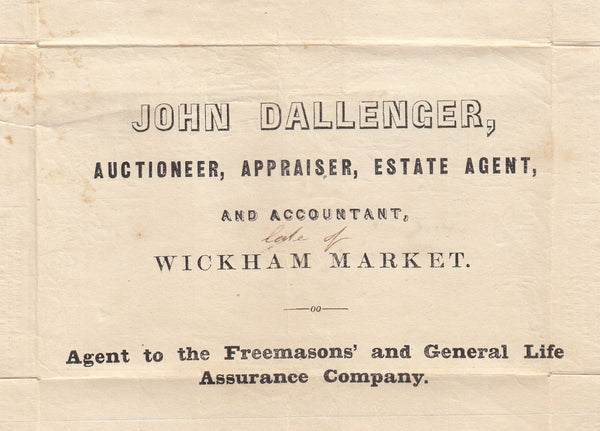 144135 1849 1d MULREADY WRAPPER WOODBRIDGE, SUFFOLK TO SAXMUNDHAM CANCELLED 'WOODBRIDGE' DATE STAMPS IN BLUE, WITHIN UNIQUE 'JOHN DALLENGER' MULREADY ADVERT (SPEC 425b).