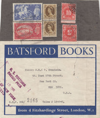 144138 1955 PART PARCEL WRAPPER LONDON TO NEW YORK KGVI 5s RED (SG510) AND 10s ULTRAMARINE (SG511).