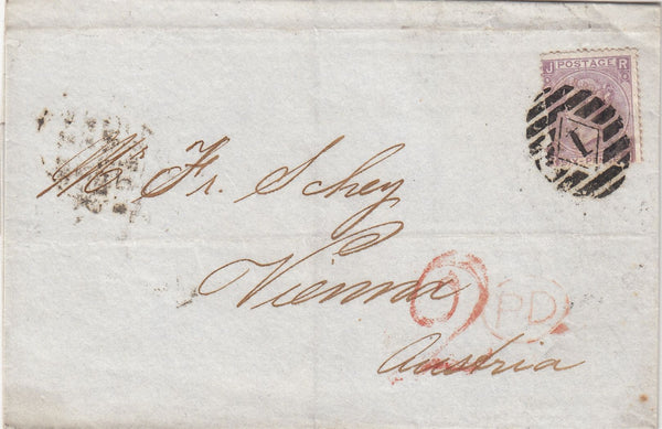 144142 1868 MAIL LONDON TO VIENNA, AUSTRIA 6d LILAC PL.6 (SG104).