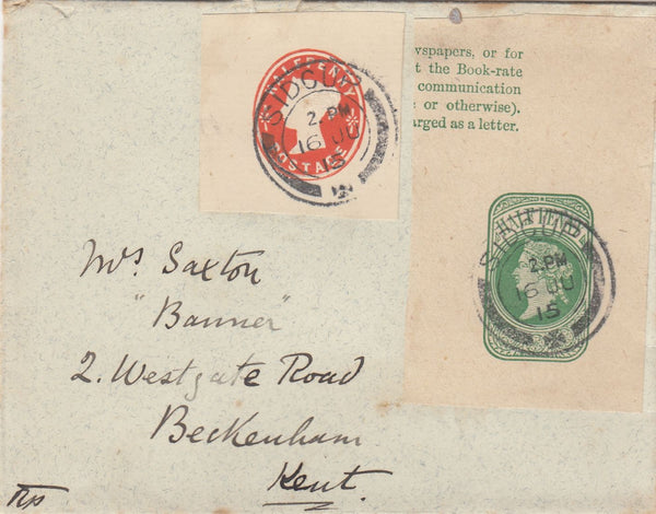 144145 1915 MAIL SIDCUP, KENT TO BECKENHAM WITH QV POSTAL STATIONERY CUT-OUTS.