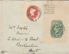 144145 1915 MAIL SIDCUP, KENT TO BECKENHAM WITH QV POSTAL STATIONERY CUT-OUTS.