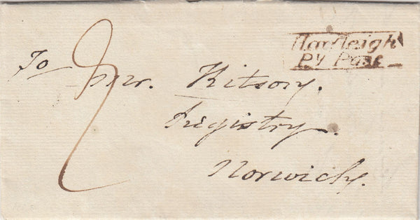 144148 1825 MAIL BILDESTON, SUFFOLK TO NORWICH 'Hadleigh/Py Post' HANDSTAMP (SK159).