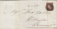 144161 1844 LETTER LONDON TO WELLINGTON, SOMERSET 1d (SG8) 'New-Cut' RECEIVER'S HANDSTAMP (L514).