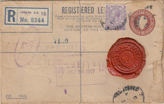 144162 1917 REGISTERED MAIL LONDON TO PARIS WITH SUPERB WAX SEAL.