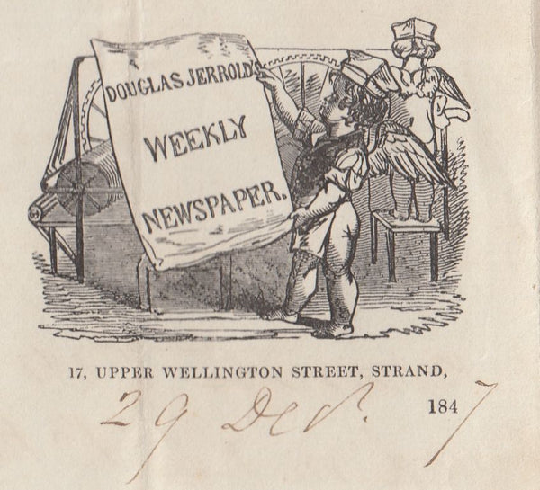 144164 1847 PENNY PINK USED IN LONDON WITH LETTER VERY FINE PRINTED BILL HEAD 'DOUGLAS JERROLD'S WEEKLY NEWSPAPER'.