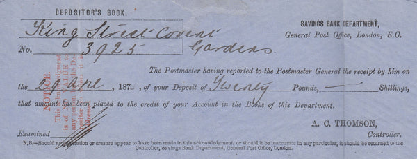 144165 1875 MAIL FROM 'SAVINGS BANK DEPT' GPO LONDON USED IN LONDON.