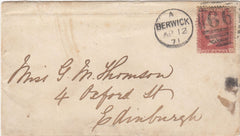 144166 1871 MAIL BERWICK TO EDINBURGH 1d (SG43) 'EDINR AND NEWCASTLE SORTING TENDER' DATE STAMP.