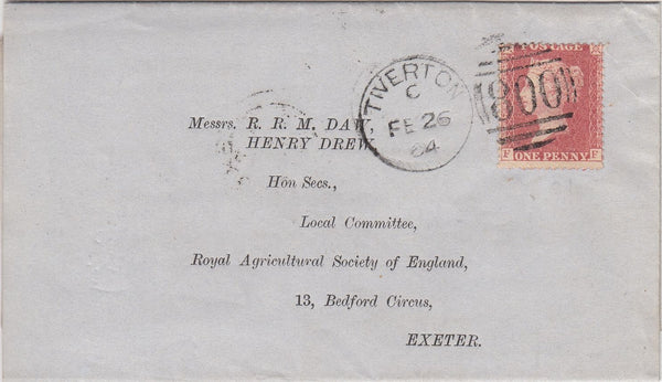 144167  1864 MAIL TIVERTON TO EXETER DIE 2 1d PL.51 ALPHABET IV (SG42)(FF).