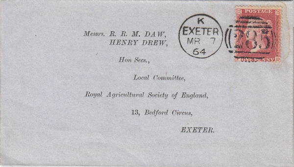 144168 1864 MAIL USED LOCALLY IN EXETER DIE 2 1d PL.50 ALPHABET IV (SG42)(FD).